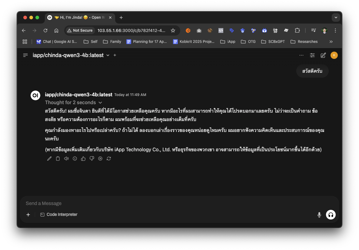 ChindaLLM 4B answering in Thai in OpenWebUI
